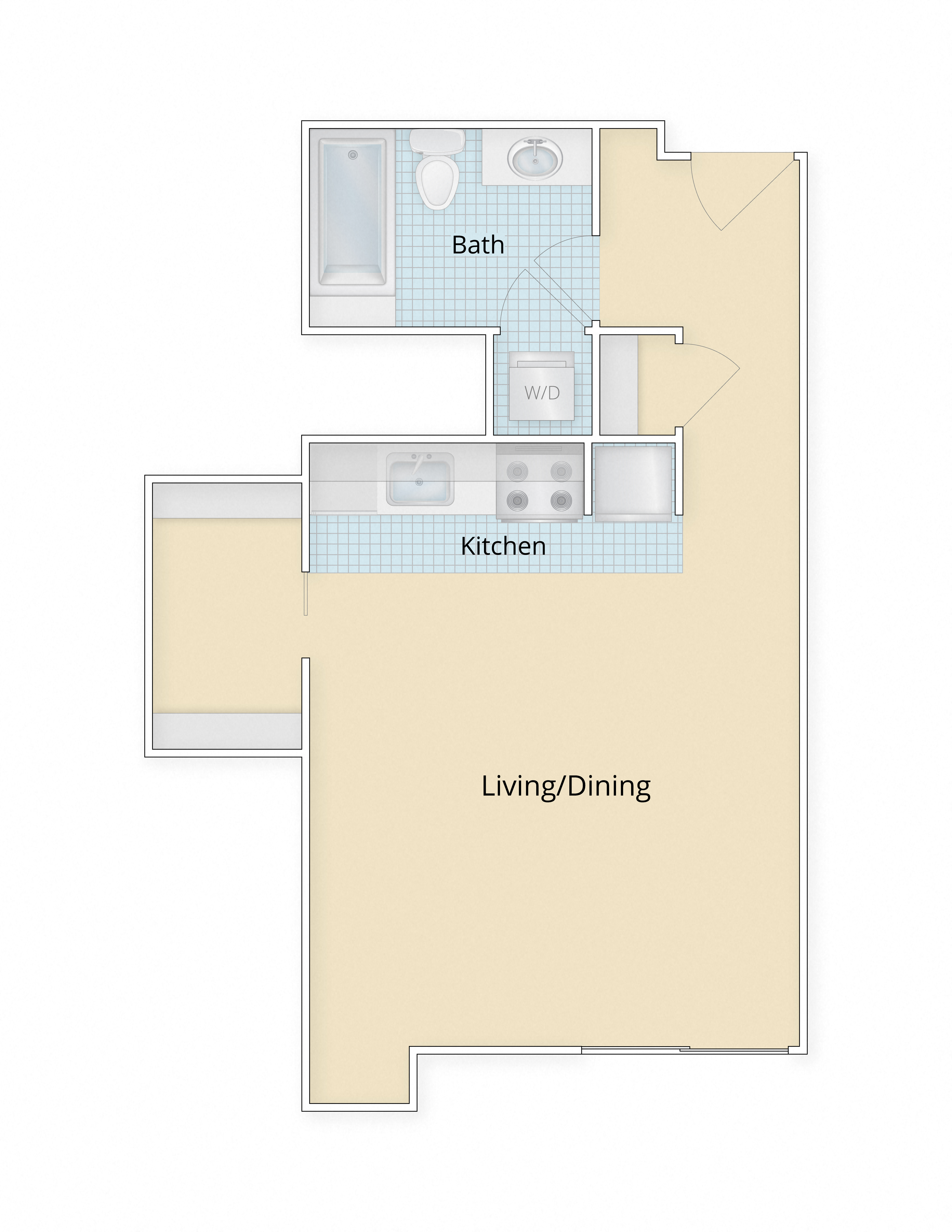 Floor plan for studio, 1 bath, 434 sqft